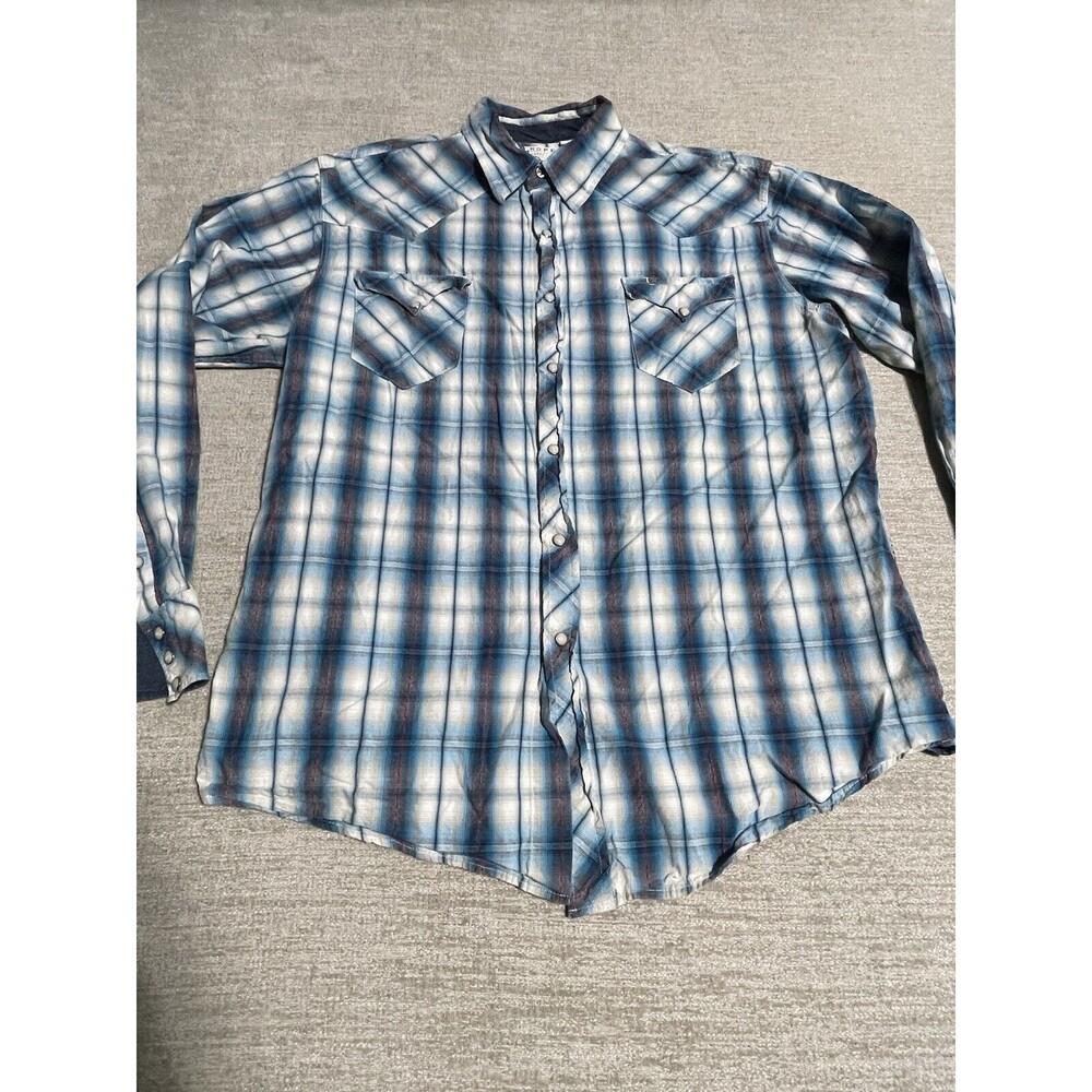Roper Shirt Men’s Large Flannel Plaid Long Sleeve Blue Western Button Down Pearl